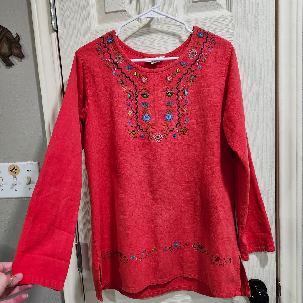 Embroidered Designs Red Cotton Floral Tunic Top Handcrafted Guatemala XS